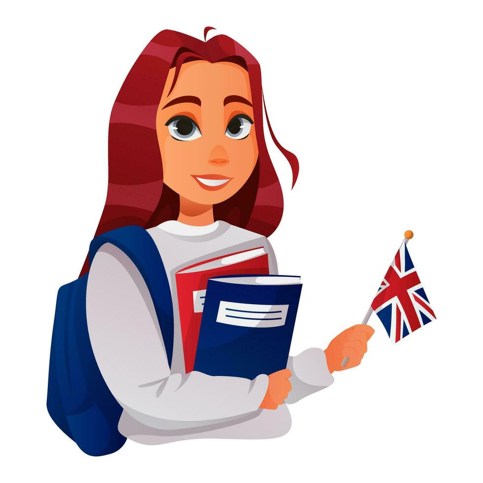 English girl student with bag holding british flag and books. Character. English language school, club, course. Elementary grammar, vocabulary, audio lesson. Learn foreign languages online, educatio vector