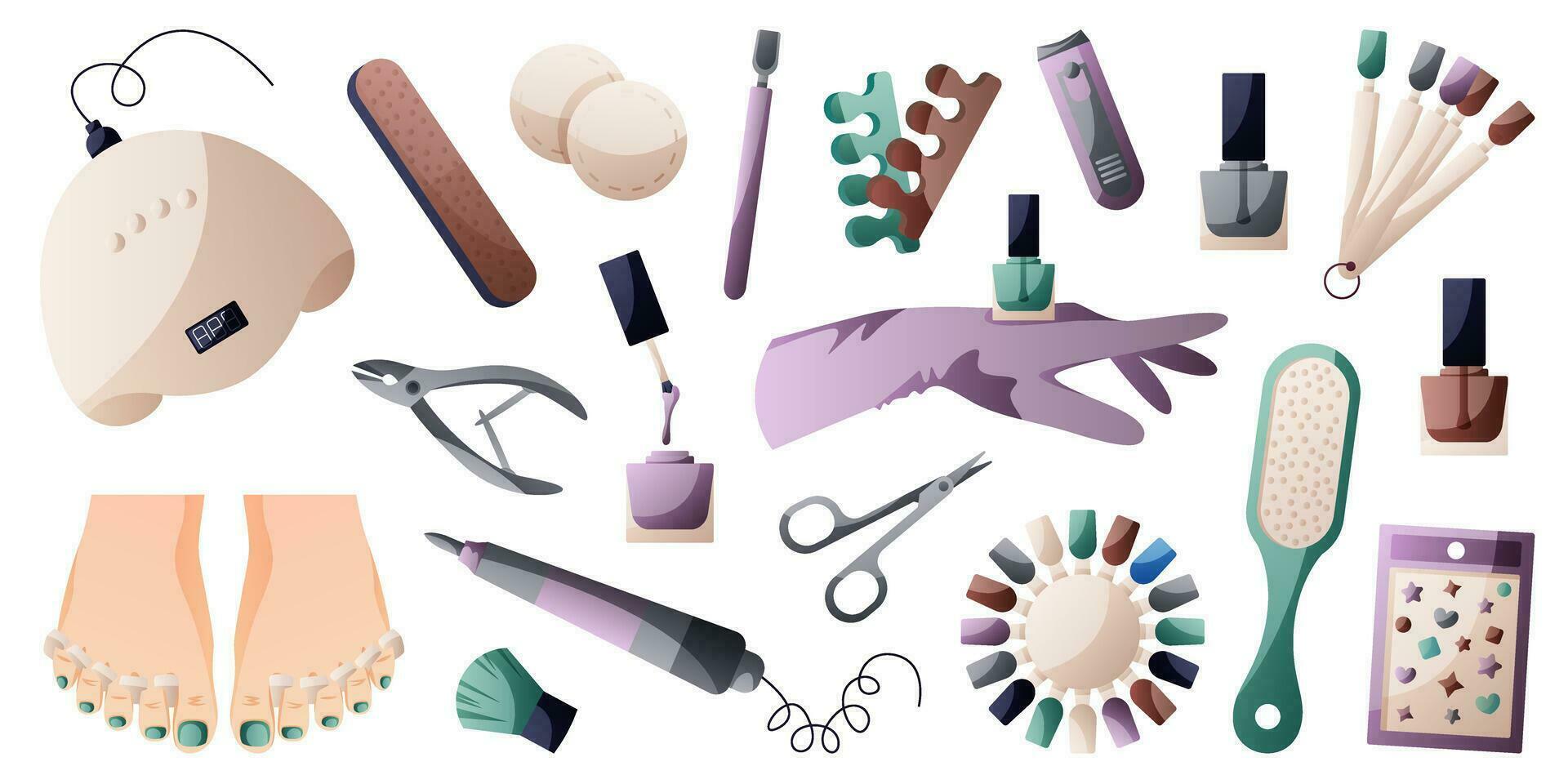 Set of manicure accessories, nails care routine. Polished fingernails, equipment, tools. Nail scissors, file, tweezers, polish, tips, brush, cotton pads. Beauty treatment, pedicure salon. vector