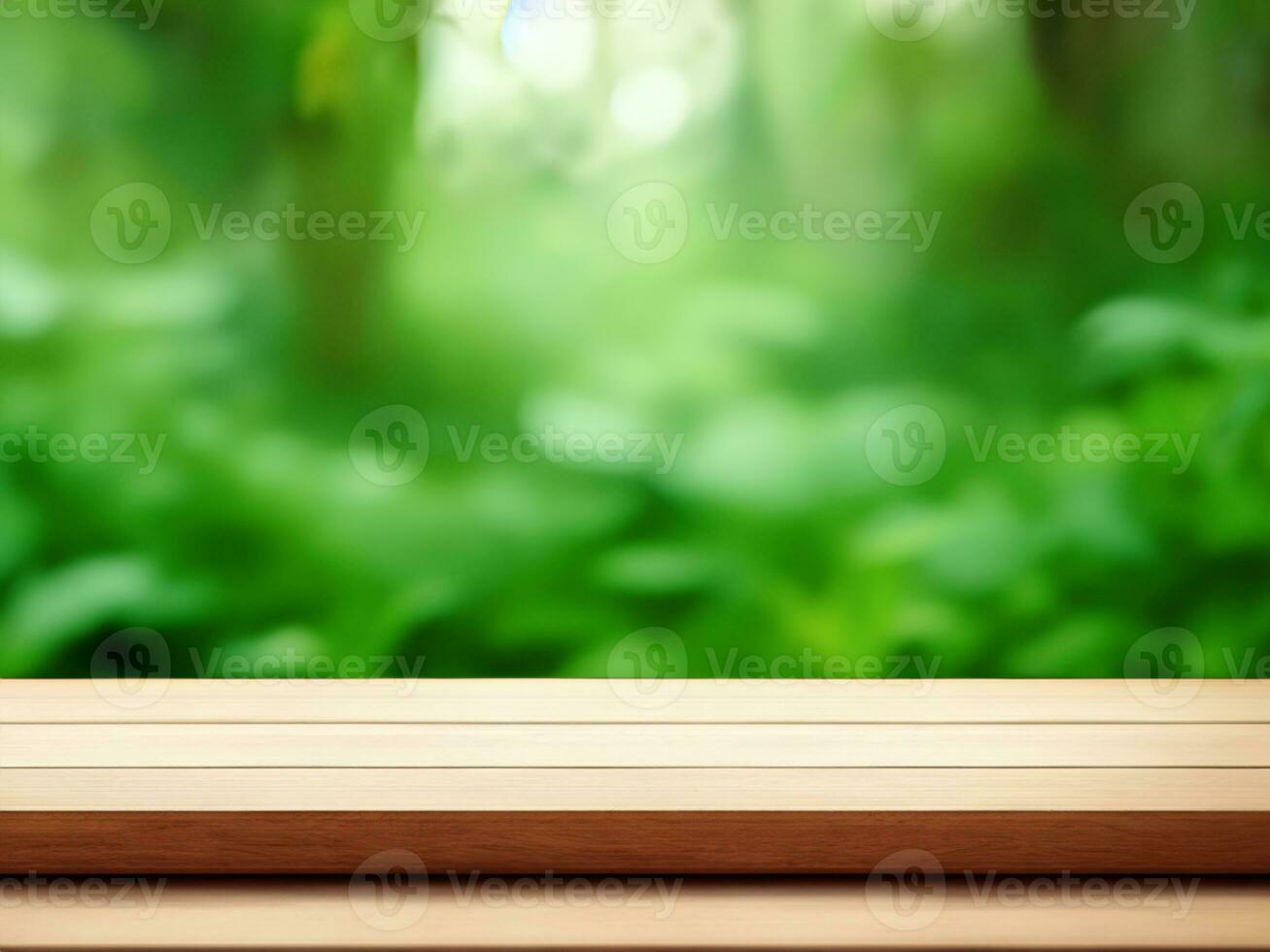 empty wooden tabletop podium in garden open forest, blurred green plants background with space. organic product presents natural placement pedestal display, spring and summer concept photo