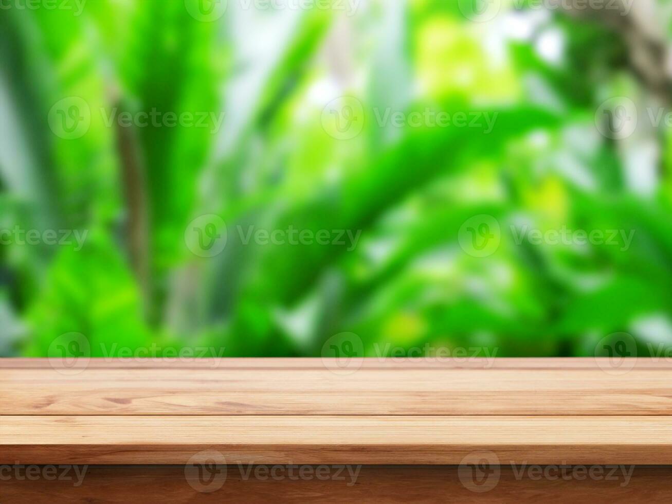 empty wooden tabletop podium in garden open forest, blurred green plants background with space. organic product presents natural placement pedestal display, spring and summer concept photo