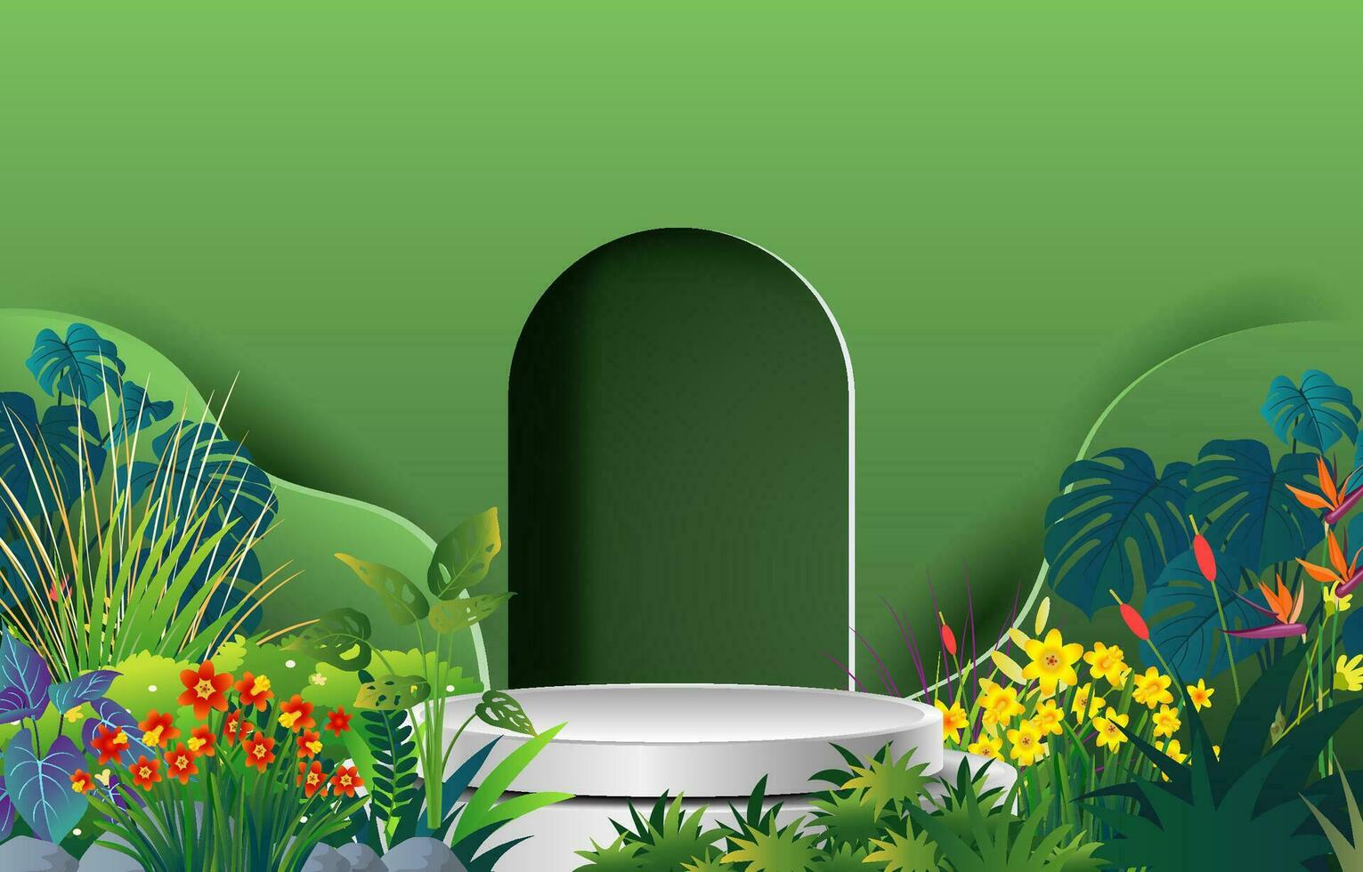 podium platform with geometric shapes and nature background vector