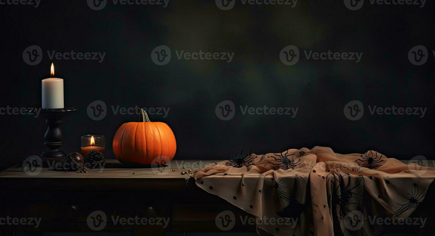 AI Generative Jack lantern on the table. Halloween night. Burning candles. Halloween background. photo