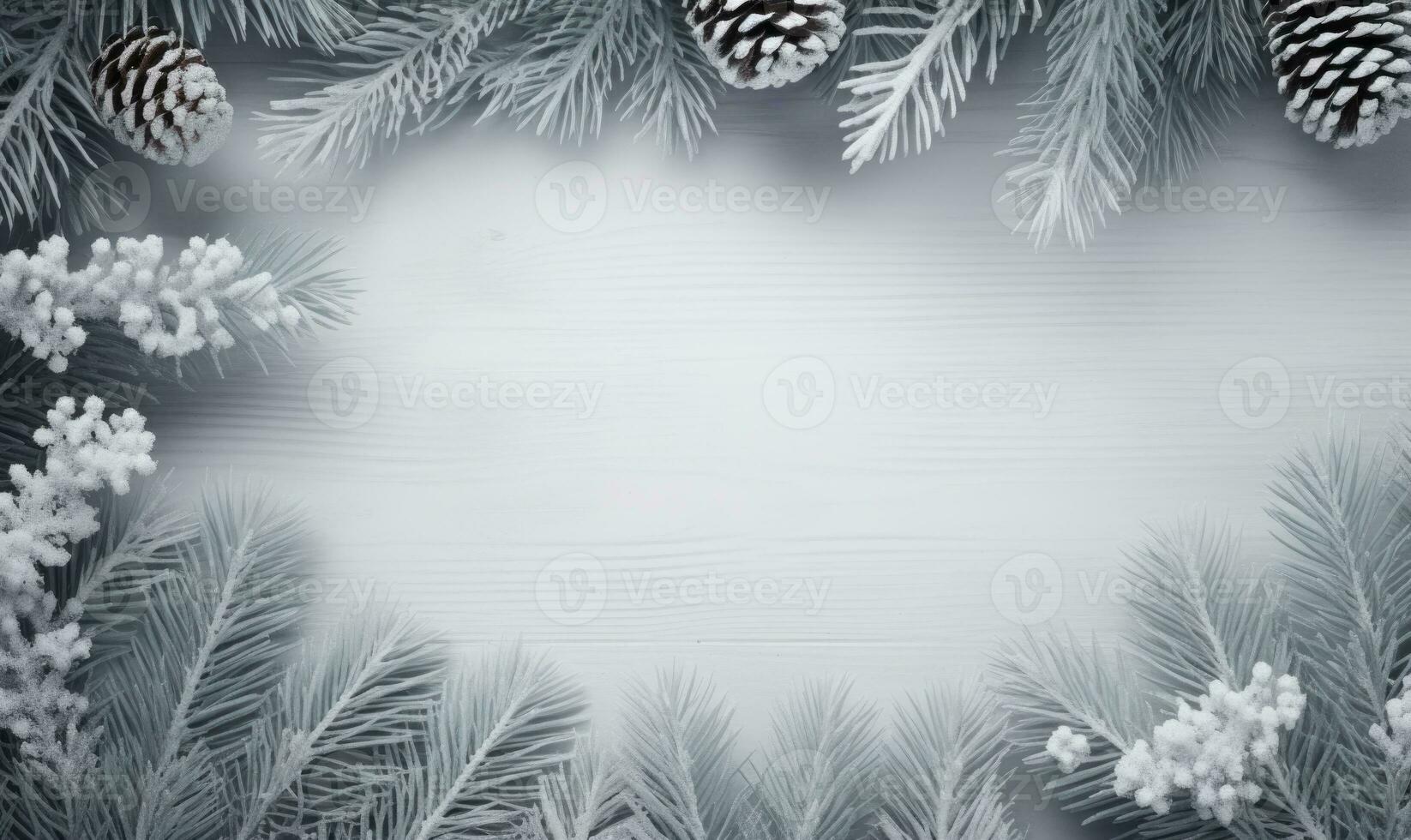 Ai generated Christmas background. Spruce branch and snowflakes frame. Space for text. photo