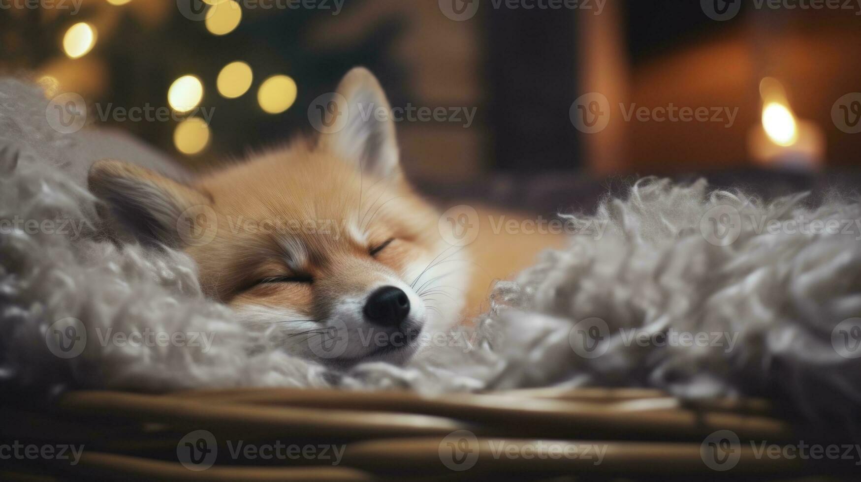 Cute little fox sleeping in basket near Christmas tree on blurred background Ai generated photo