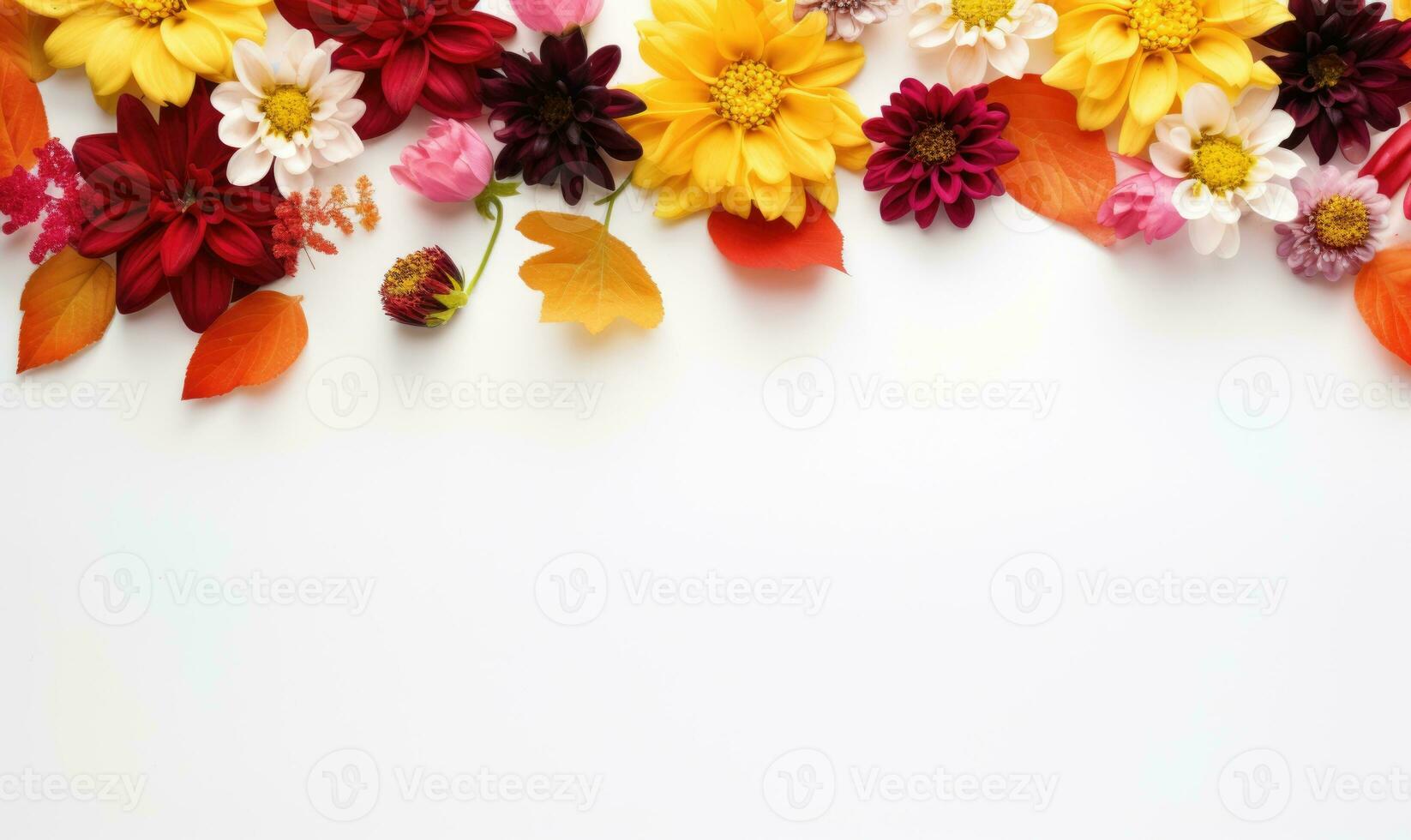 Ai generated Autumn flowers frame on wooden background. Seasonal yellow and red flowers. Autumn background. Space for text. photo