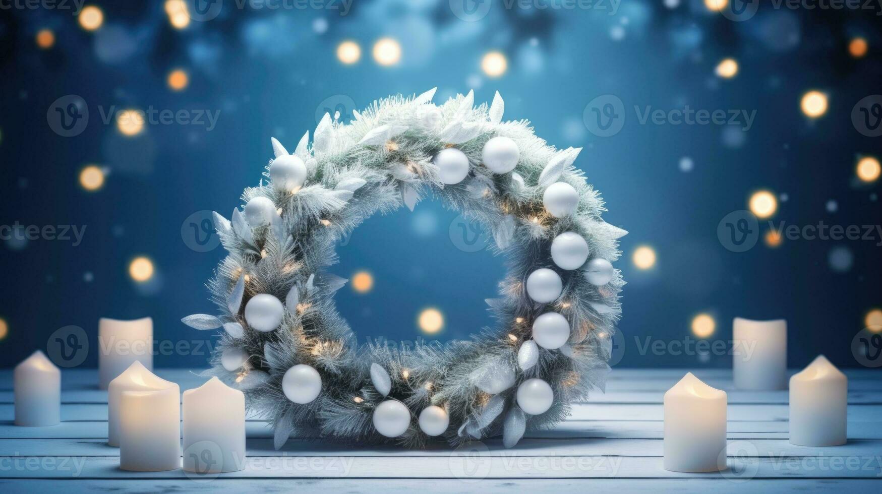 AI Generative Christmas wreath with candles and bokeh lights on blue background photo