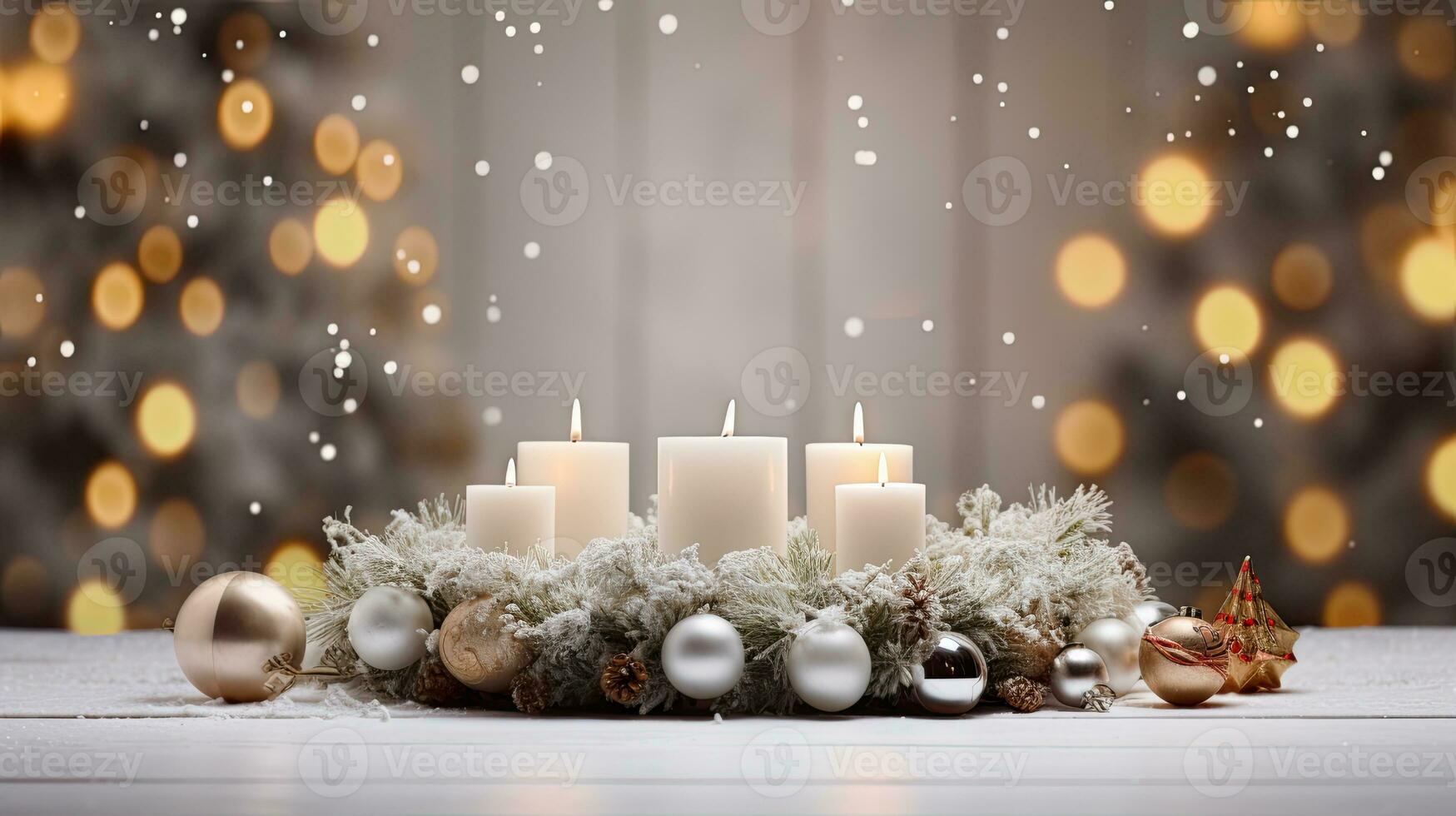 AI Generative Christmas decoration with candles and baubles on bokeh background photo