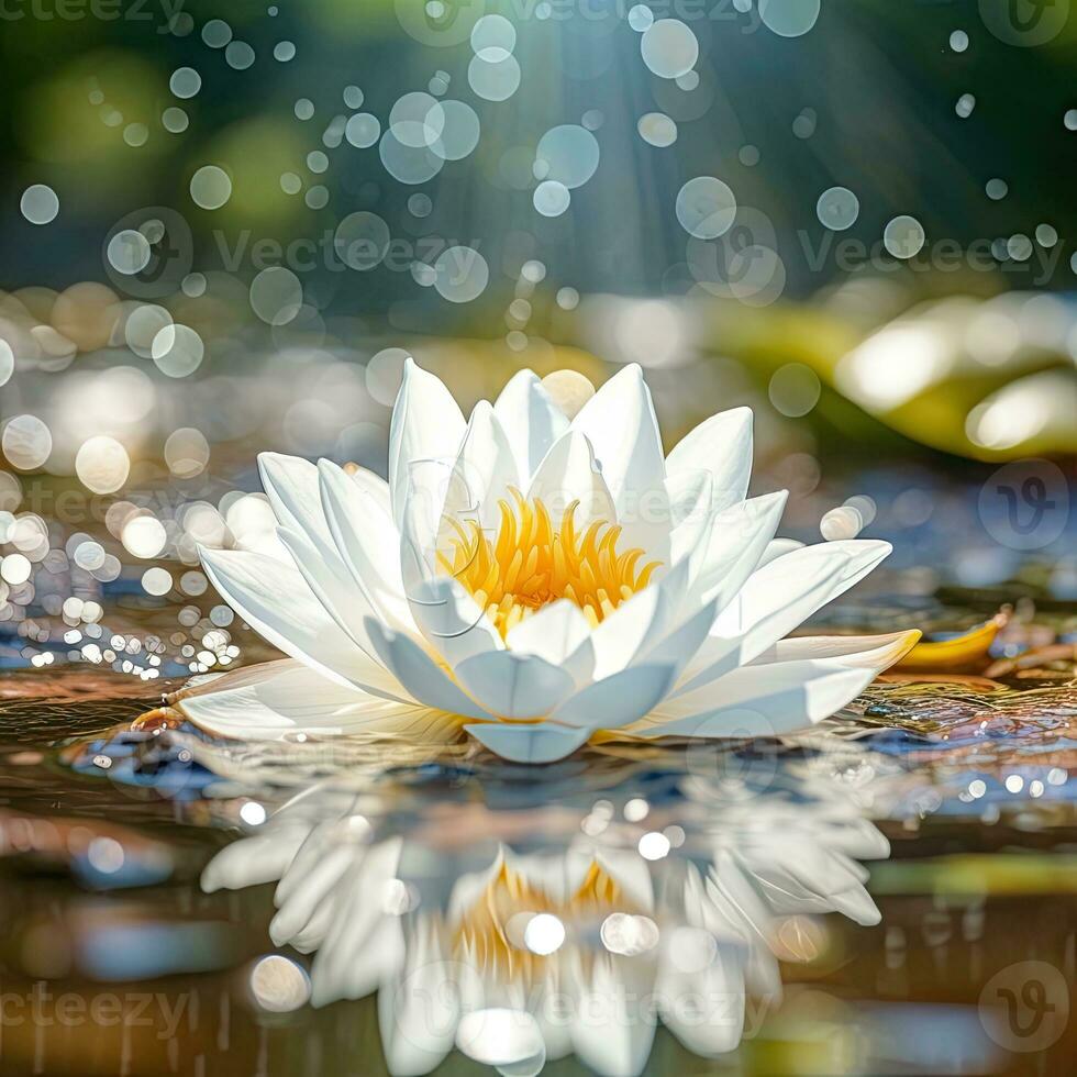 AI Generative Beautiful white water lily with dew drops on the water surface photo