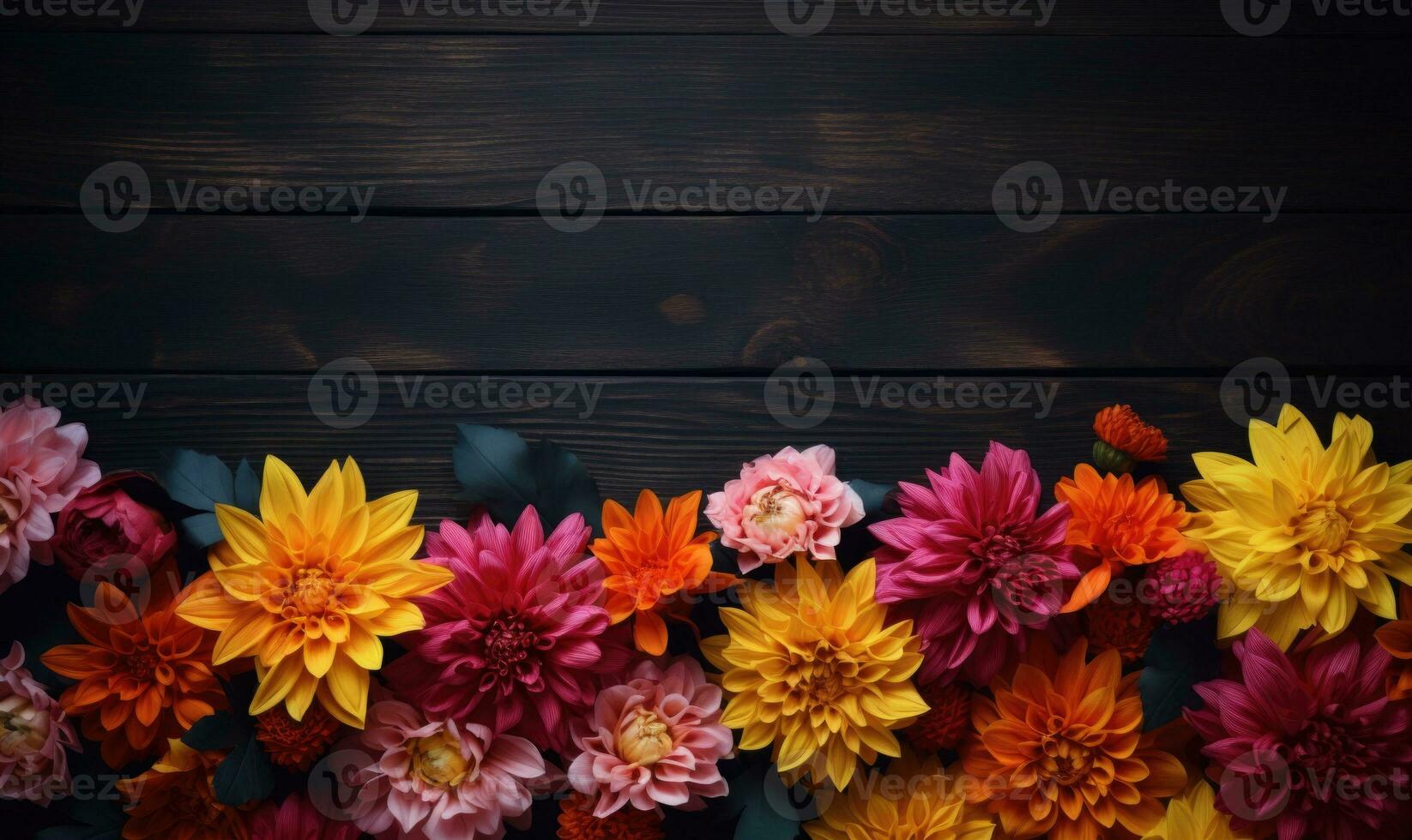 Ai generated Autumn flowers frame on wooden background. Seasonal yellow and red flowers. Autumn background. Space for text. photo