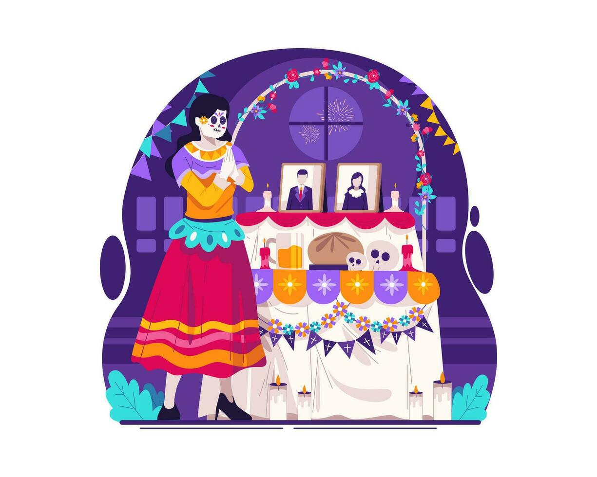 A Young Woman Dressed in Calavera Catrina Costume Praying Near the Altar or Ofrenda. Day of the Dead, a Traditional Halloween in Mexico. Dia de Los Muertos Illustration vector