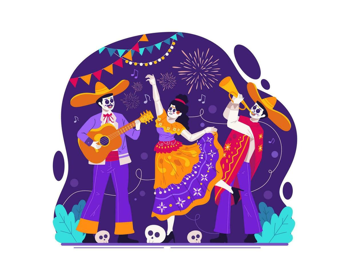 Mexican Day of the Dead, Dia de Los Muertos Skeleton Characters. Catrina Dancing and Mariachi Musicians With Sombrero Playing Guitar and Trumpet vector