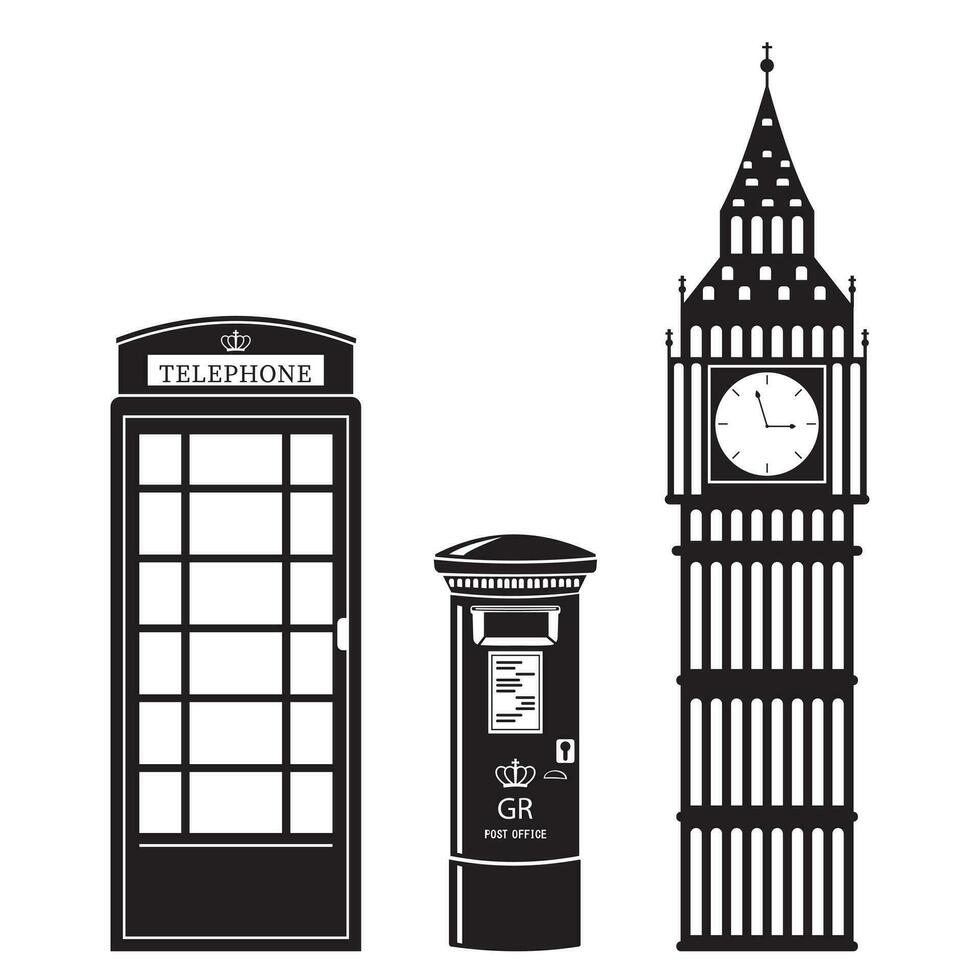 Vector set of London attractions. a set of vector silhouette illustrations of the sights of London, England.