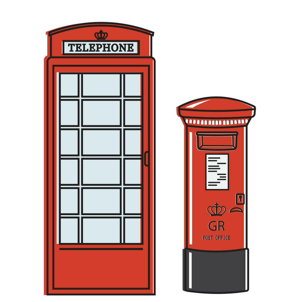 London Postal red street mailbox and telephone booth, cartoon style, isolated vector illustration