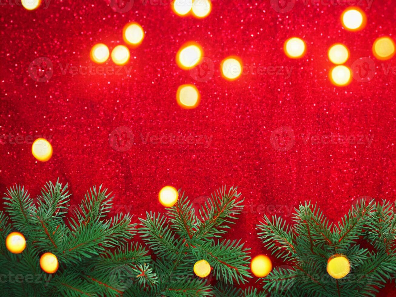 Christmas background with xmas tree and sparkle bokeh lights on red canvas background photo