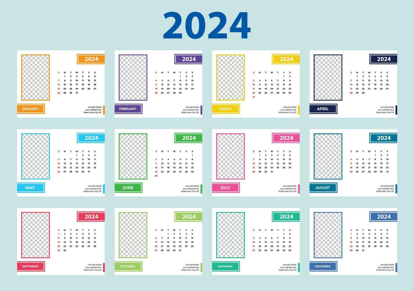 2024 calendar with simple and modern design colorful vector