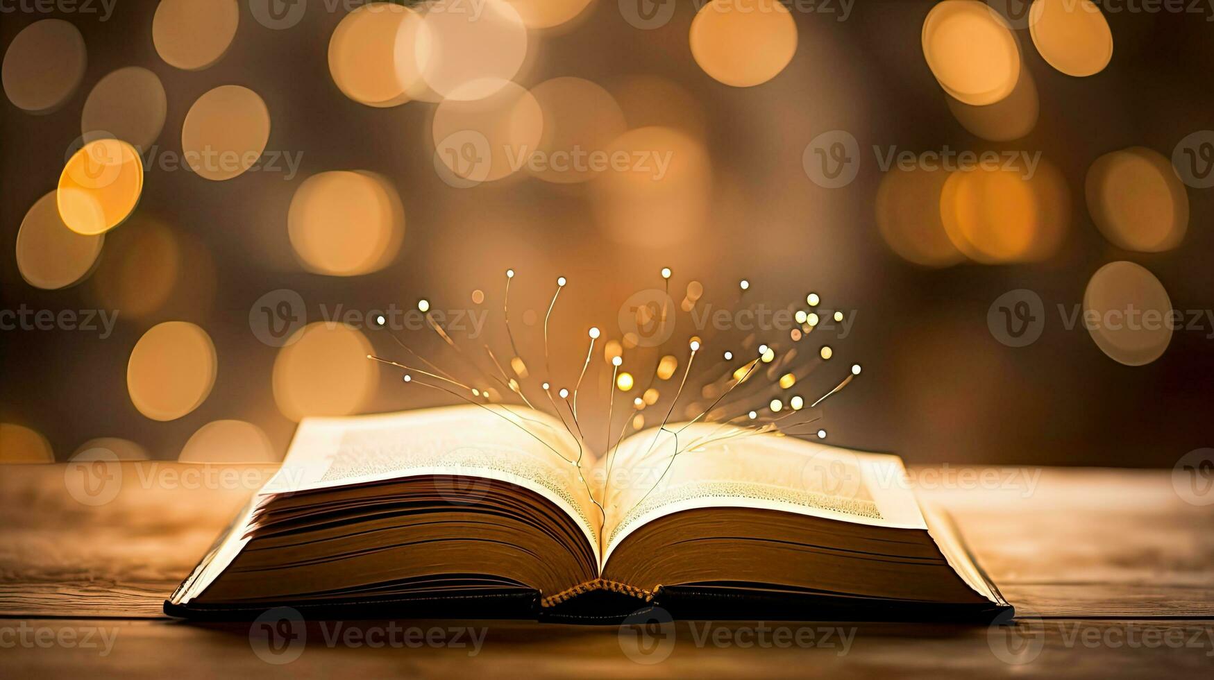 AI Generative Open book with glowing lights on bokeh background. Christmas and New Year concept photo