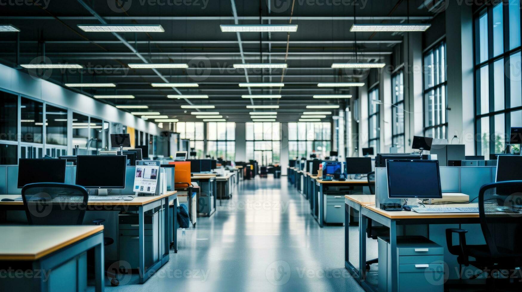 AI Generative Interior of a modern office building with rows of computer tables and chairs photo