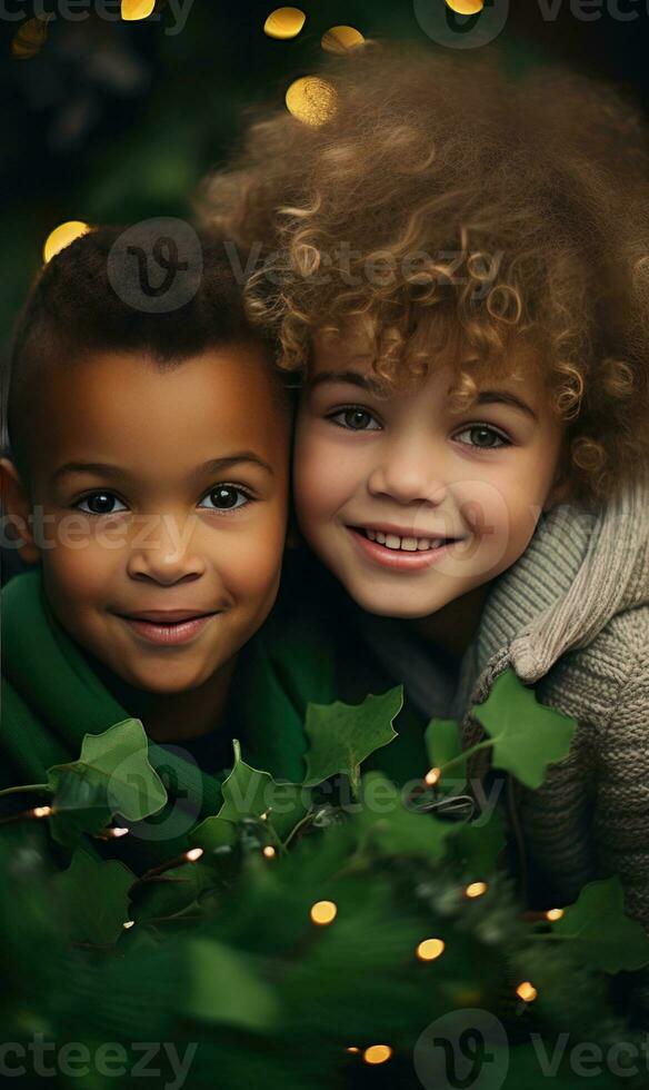 dos niños sonriente juntos. invierno estación. puesta de sol ligero. ai generado foto