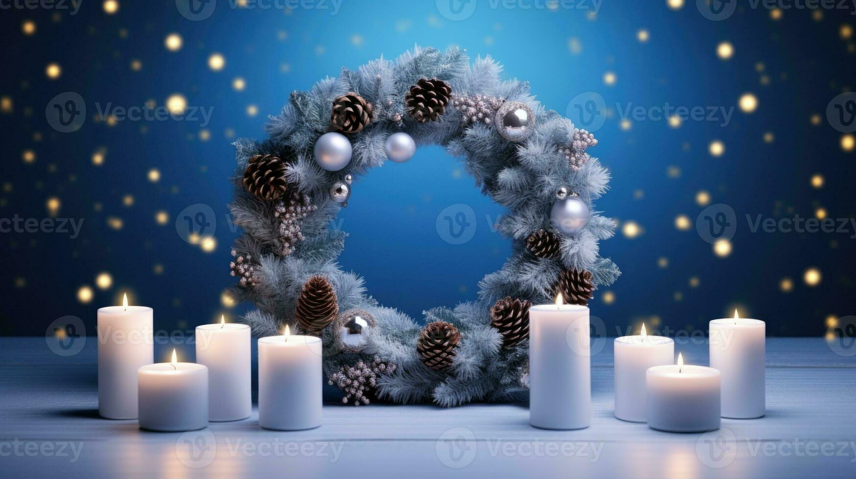 AI Generative Christmas wreath with burning candles and stars on dark blue background. photo