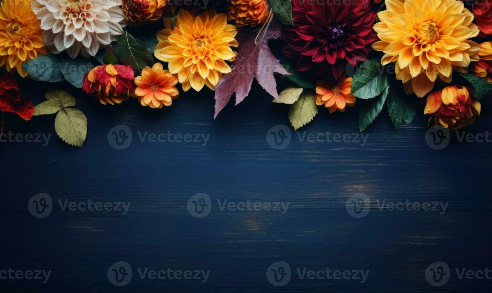 Ai generated Autumn flowers frame on wooden background. Seasonal yellow and red flowers. Autumn background. Space for text. photo
