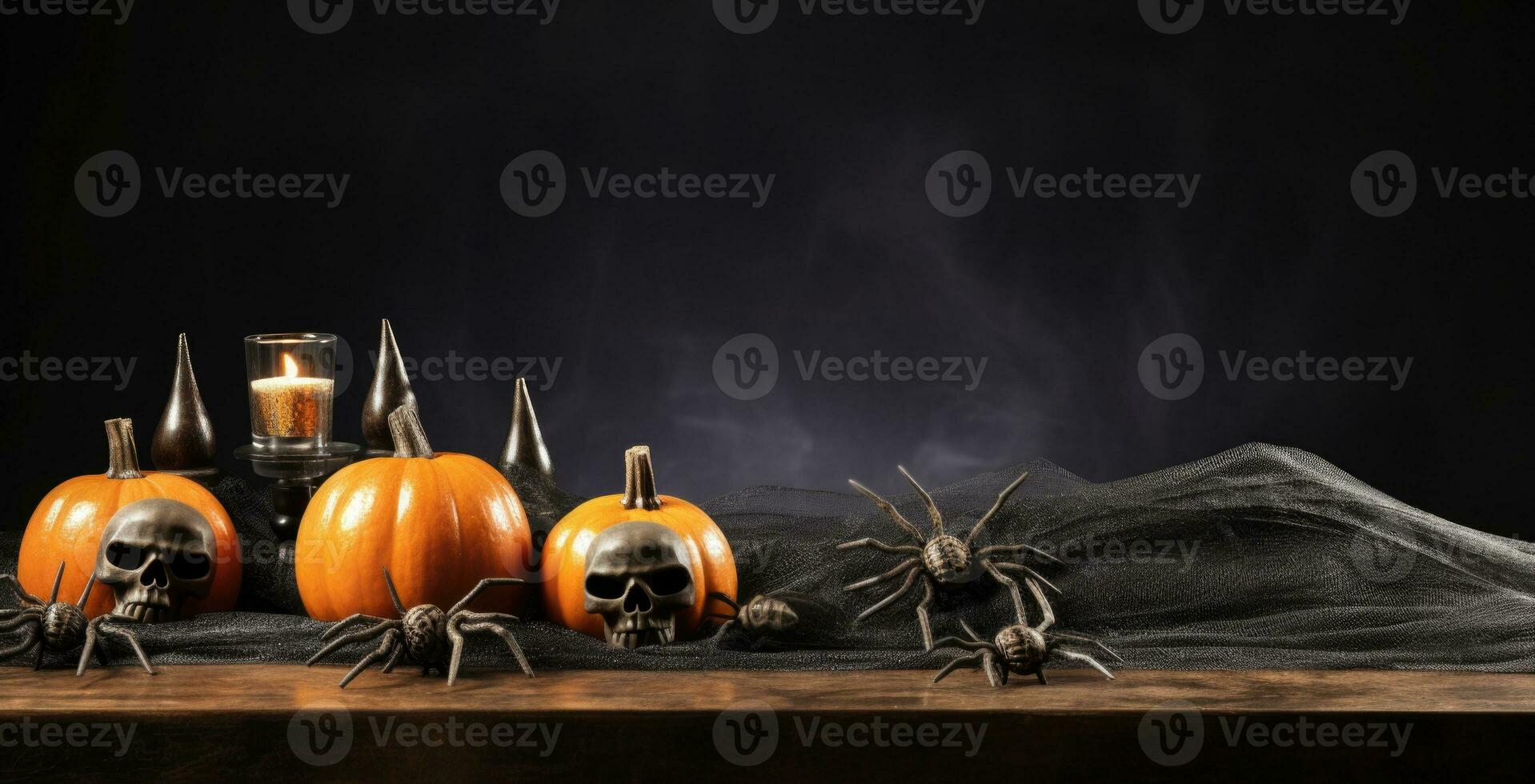 Halloween background with pumpkins, spiders and candles on wooden table. ai generated image photo