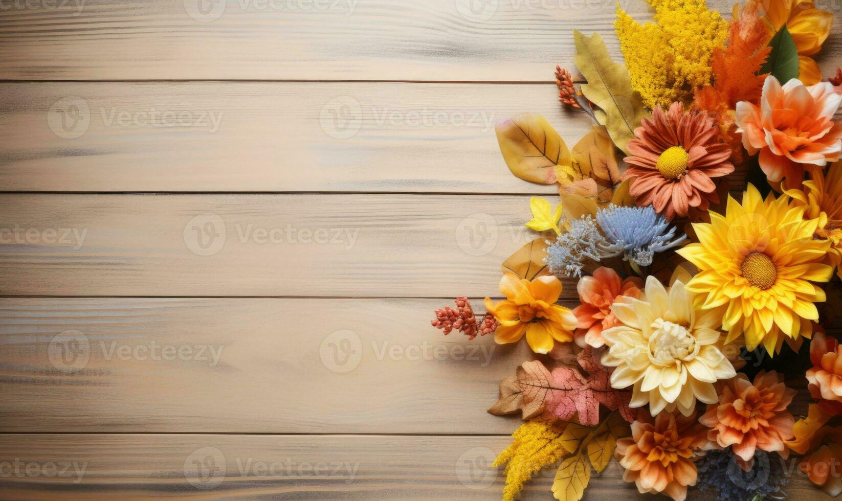 Ai generated Autumn flowers frame on wooden background. Seasonal yellow and red flowers. Autumn background. Space for text. photo