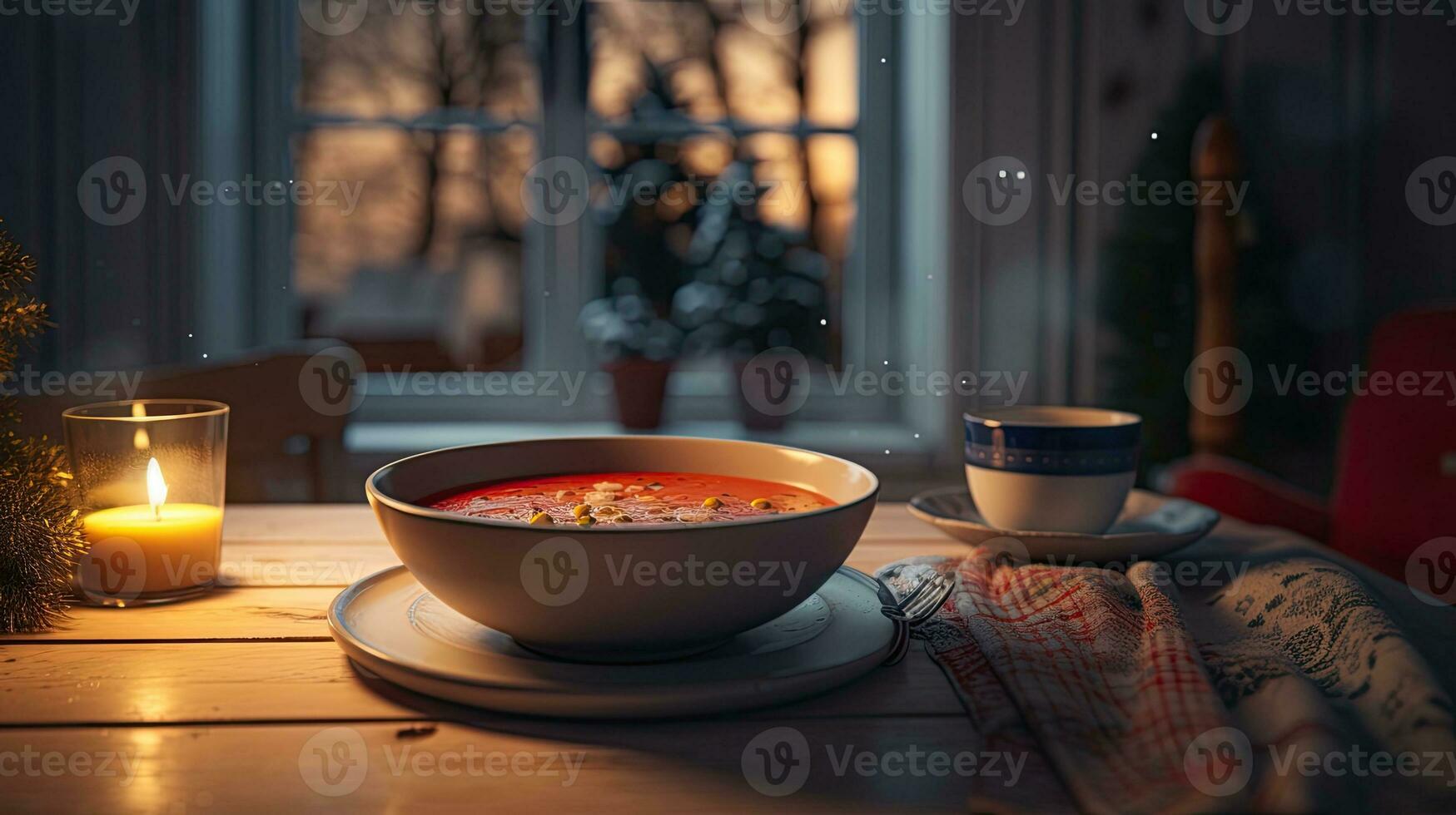Tomato soup in a bowl on a wooden table in the evening. AI generated image photo
