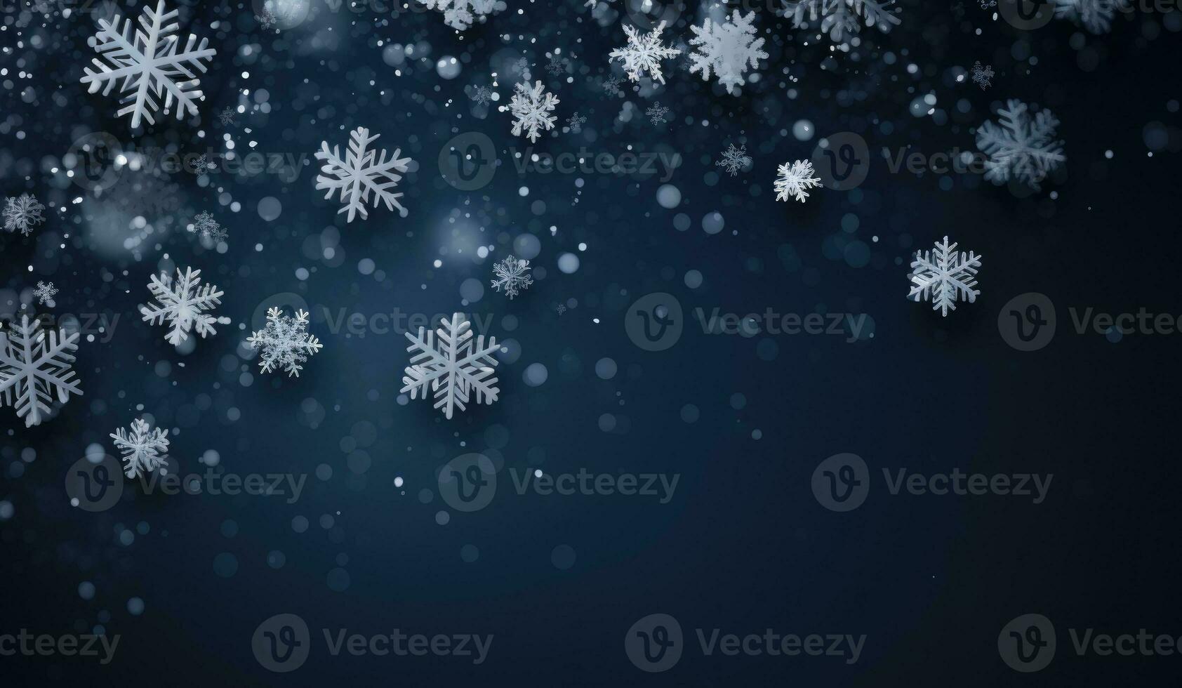 Ai generated Falling snowflakes on blue background. Blurred snowflakes. Christmas background. photo