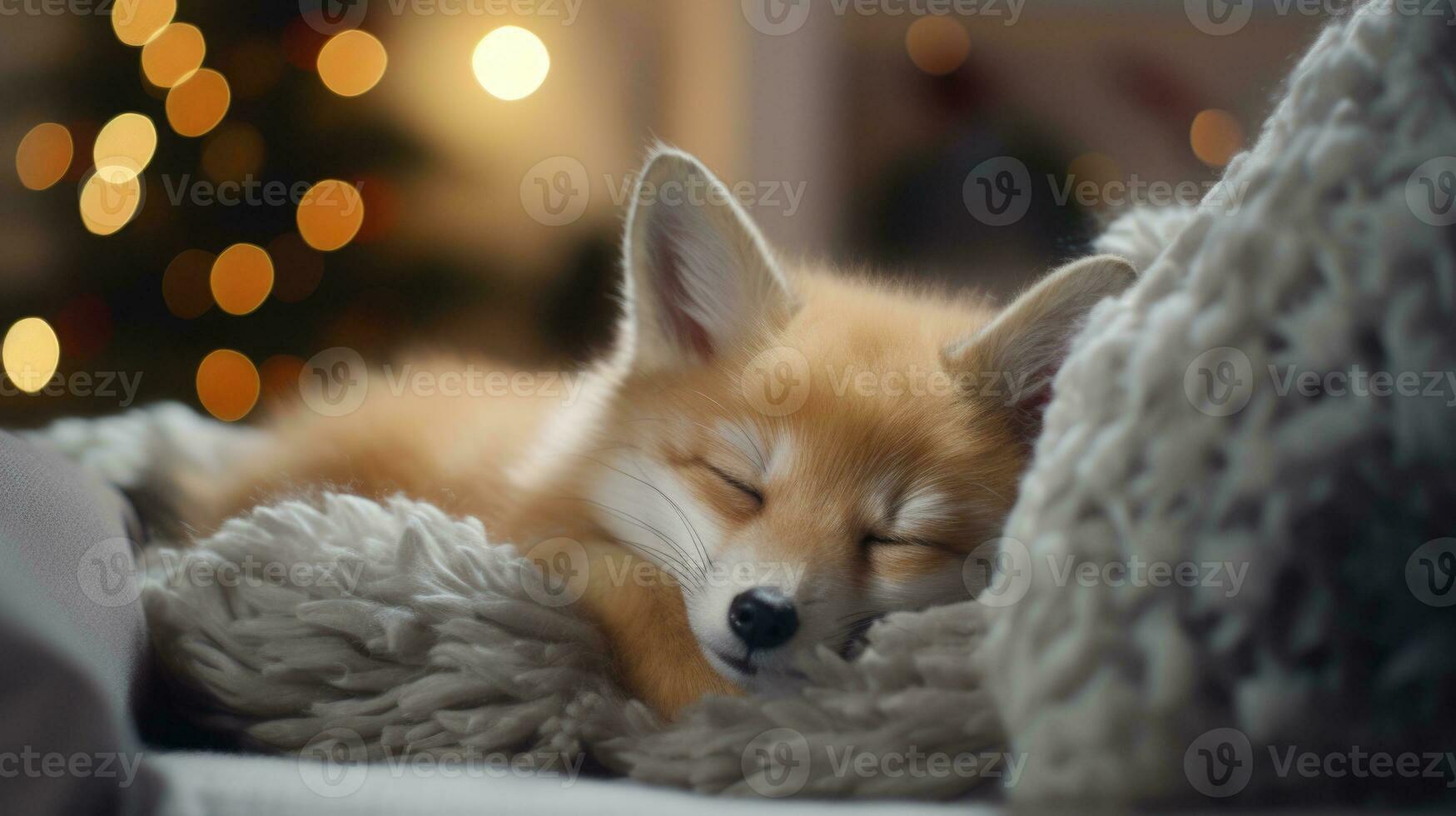 Cute little fox sleeping on sofa in room with Christmas tree and lights Ai generated photo