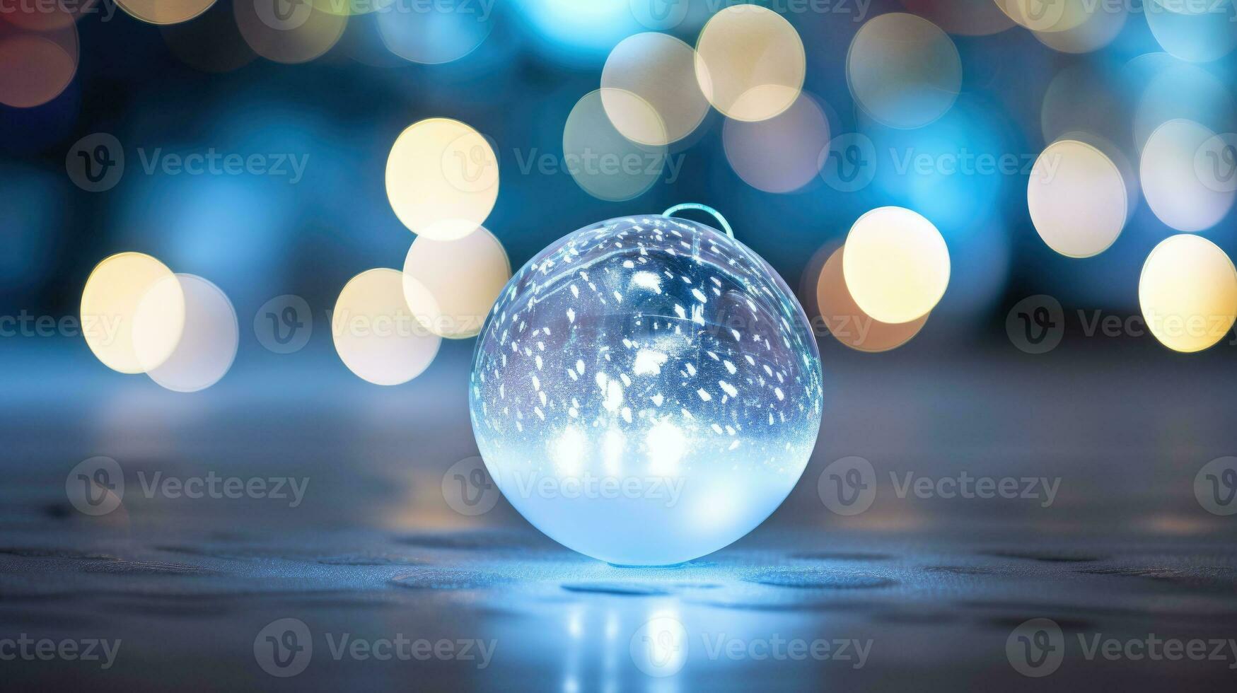 AI Generative Blue Christmas ball on wooden background with bokeh lights. photo
