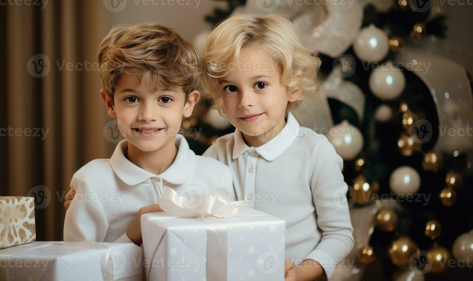 ai generado dos niños deshacer Navidad regalos juntos. niños en blanco guirnalda cerca Navidad árbol. familia concepto. foto