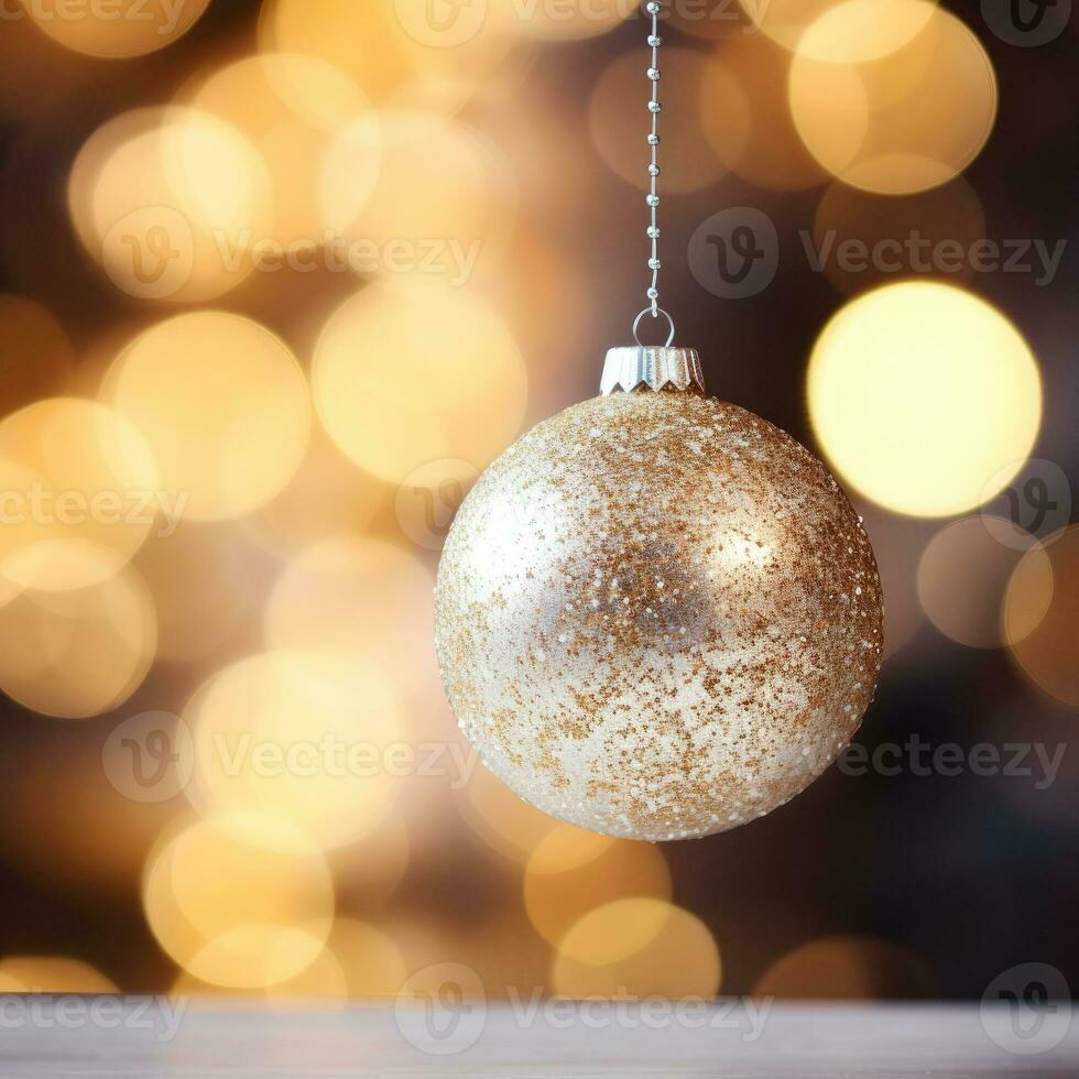 AI Generative White Christmas toy on pine branch. Snow on the pine branch and on the ball. Sunset light. Soft focus. Blurred lights. photo