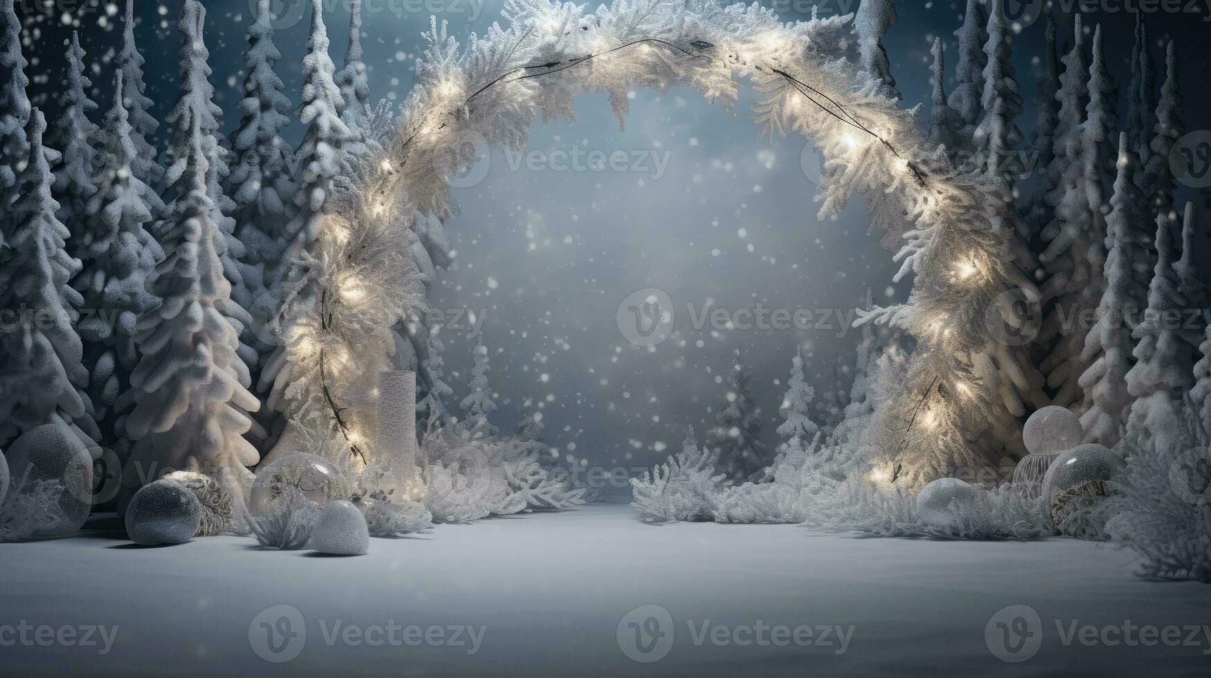 AI Generative Winter forest with snow covered trees. Christmas and New Year background. Christmas wreath with empty space for text. photo