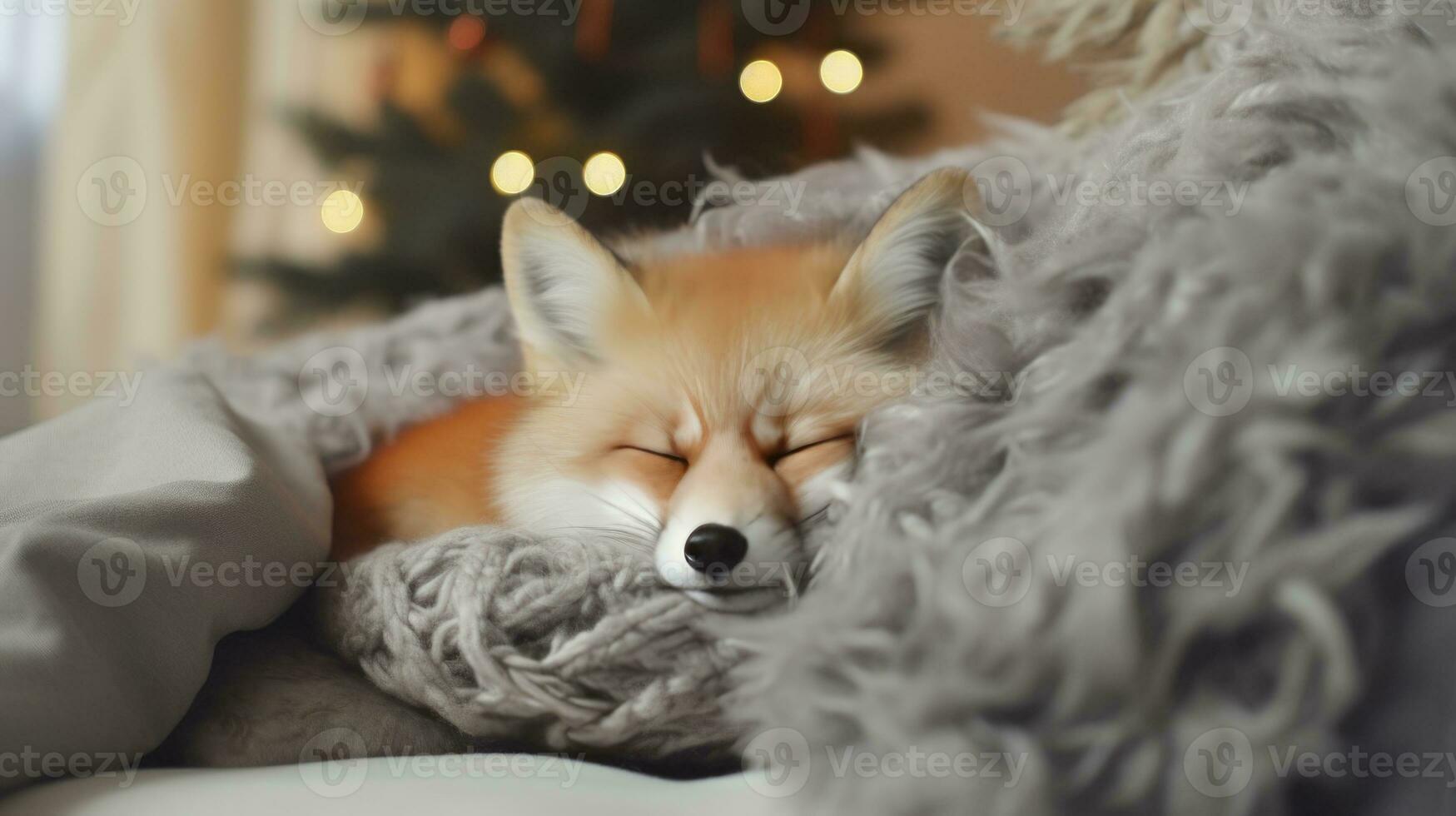 Ai generated Cute little fox sleeping on sofa in room with Christmas tree and lights photo