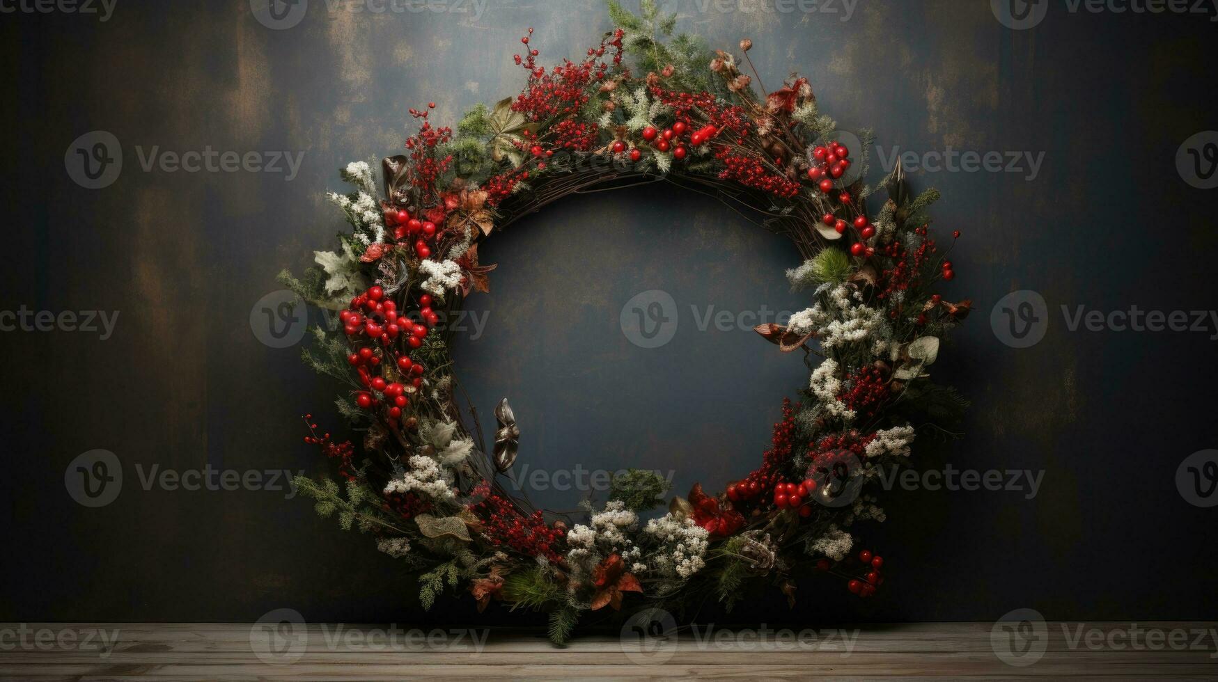 AI Generative Christmas wreath on a dark wooden background with lights and copy space photo