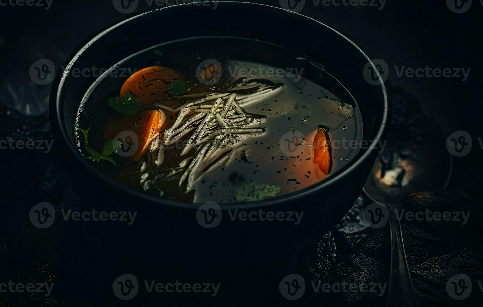AI Generative Bouillon with pieces of carrots and stalks of herbs. Asian cuisine. Broth in a black bowl. photo