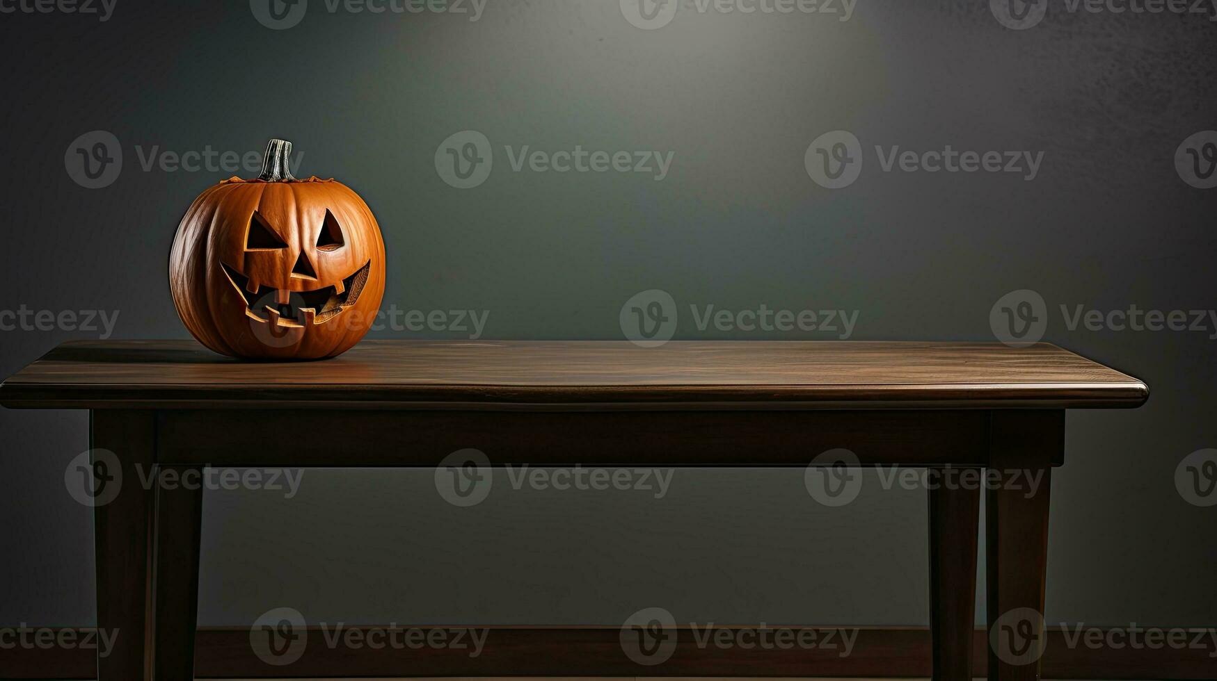 Single Jack lantern on table. Gray background. Element of Halloween decoration. AI Generative photo