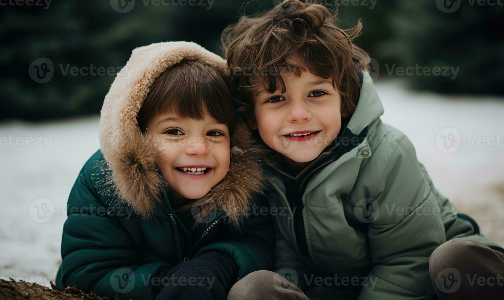 Two kids smiling together. Winter season. Sunset light. Ai generated photo