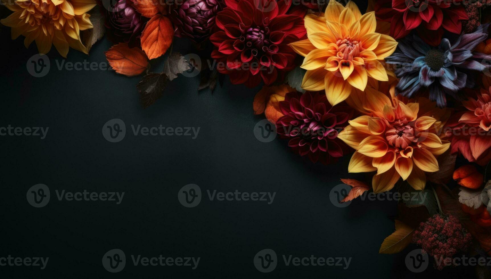 Ai generated Autumn flowers frame on wooden background. Seasonal yellow and red flowers. Autumn background. Space for text. photo