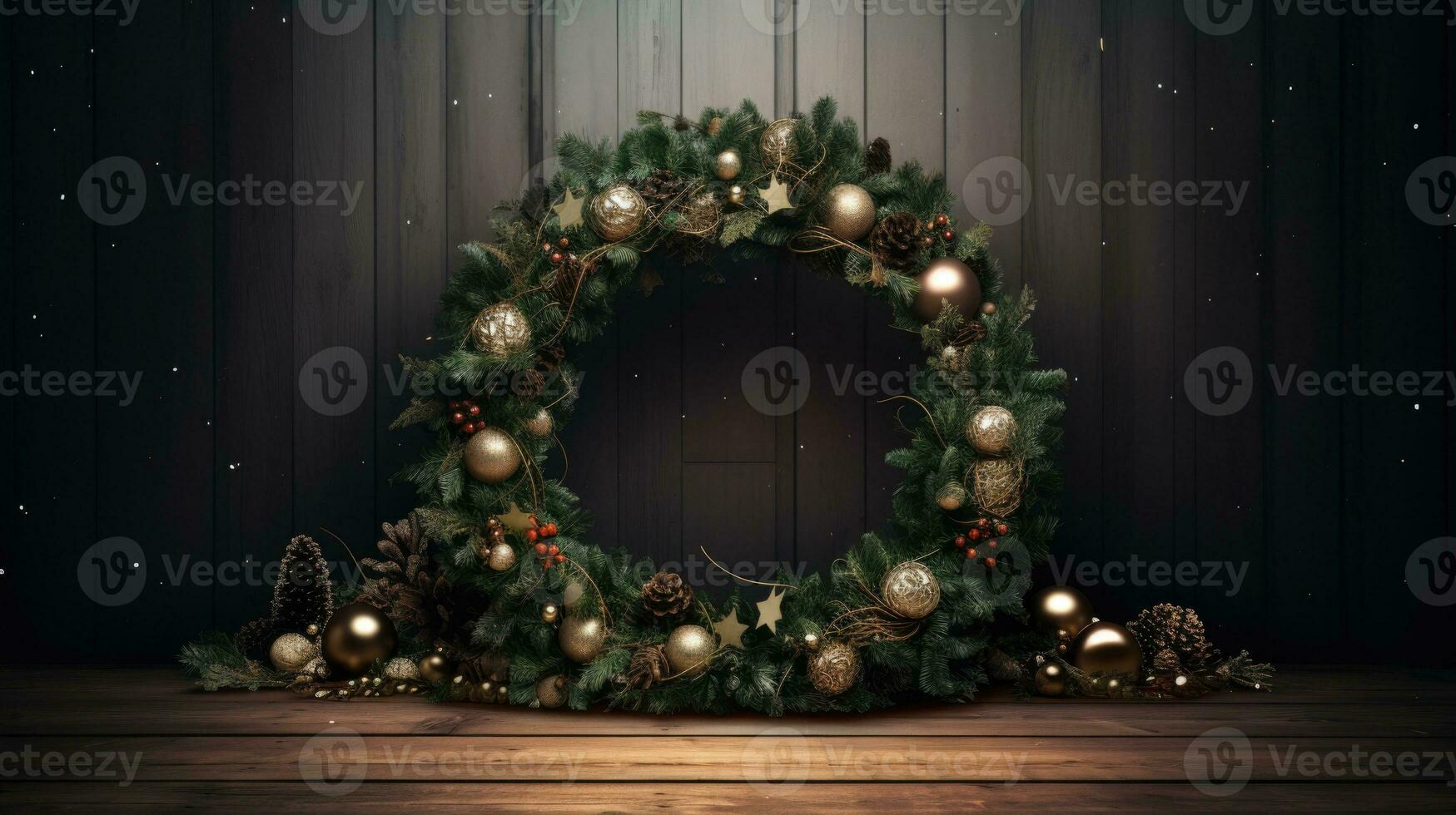 AI Generative Christmas wreath on a dark wooden background with lights and copy space photo