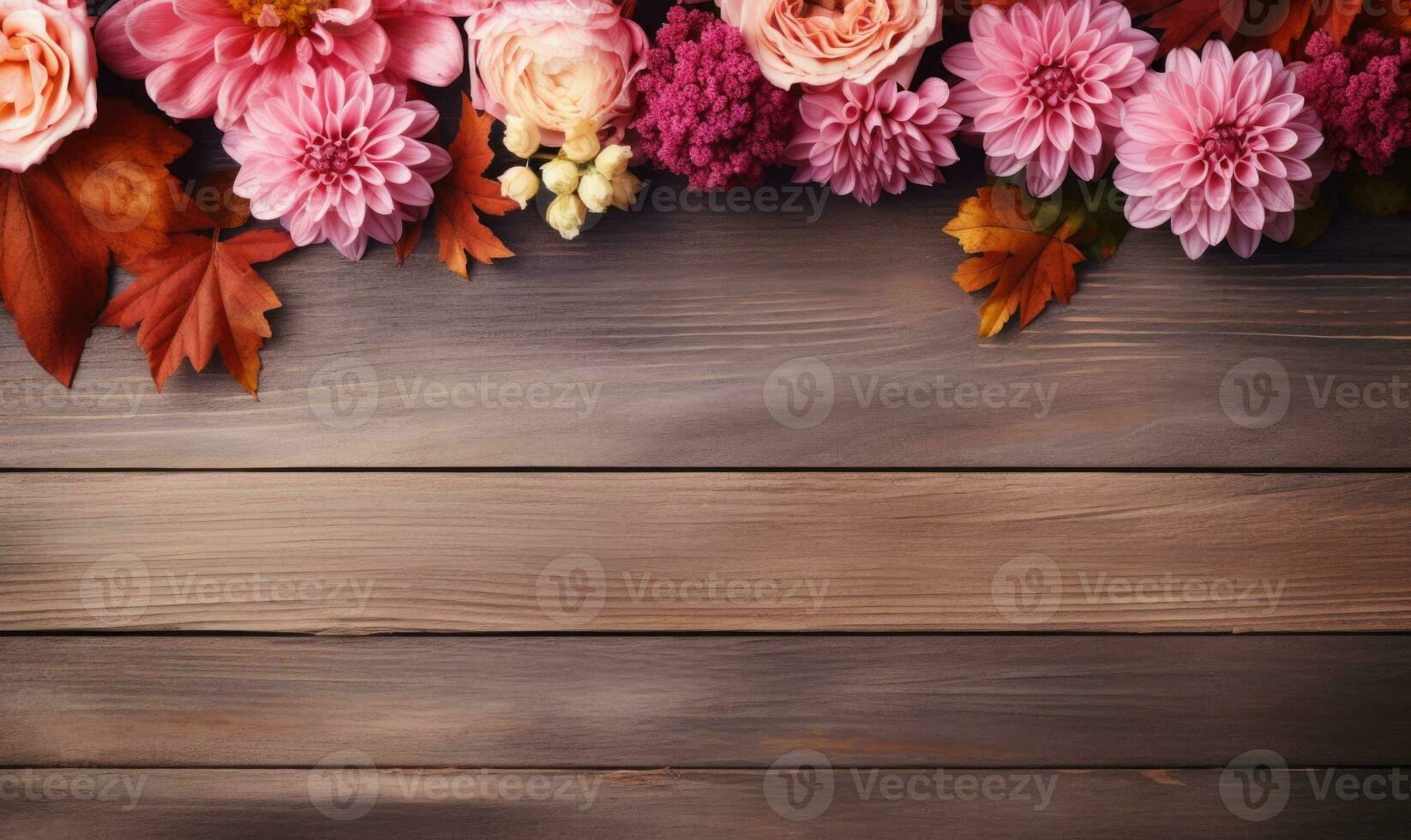 Ai generated Autumn flowers frame on wooden background. Seasonal yellow and red flowers. Autumn background. Space for text. photo