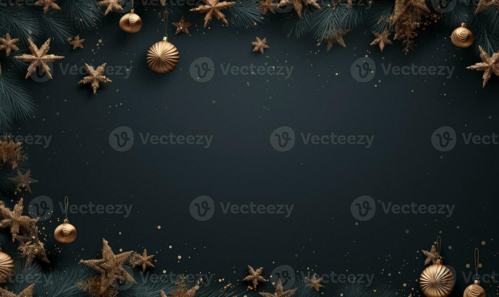 Ai generated Christmas background. Spruce branch and snowflakes frame. Space for text. photo