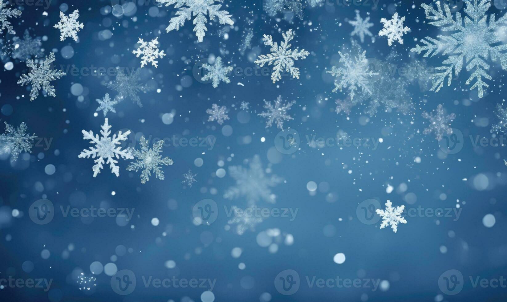 Ai generated Falling snowflakes on blue background. Blurred snowflakes. Christmas background. photo