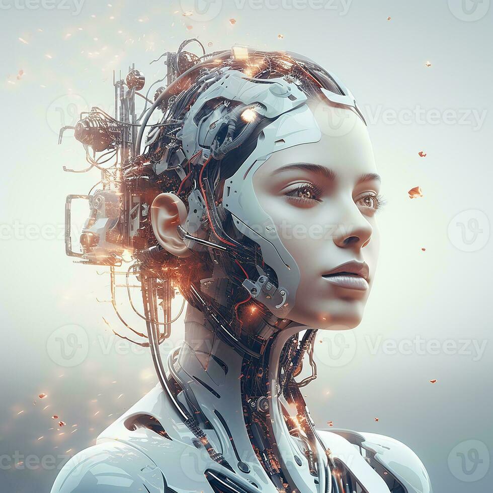 Beautiful robot portrait on light background. Artificial intelligence concept. AI Generated. photo