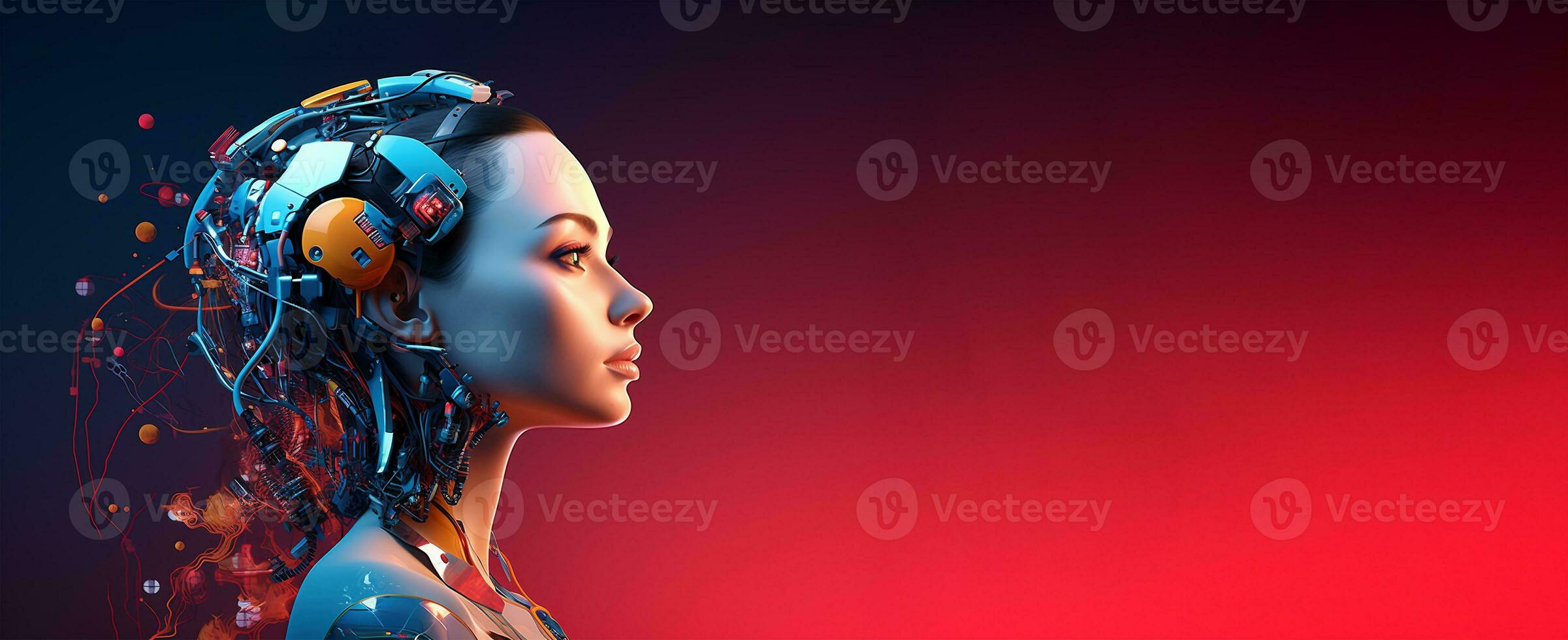 A robot portrait on red banner background. Artificial intelligence concept. AI Generated. photo