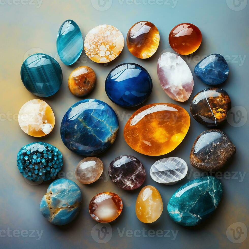 Top view of many different precious stones. Gemstones for jewelry, spiritual practices, meditations and relaxation. AI Generative. photo