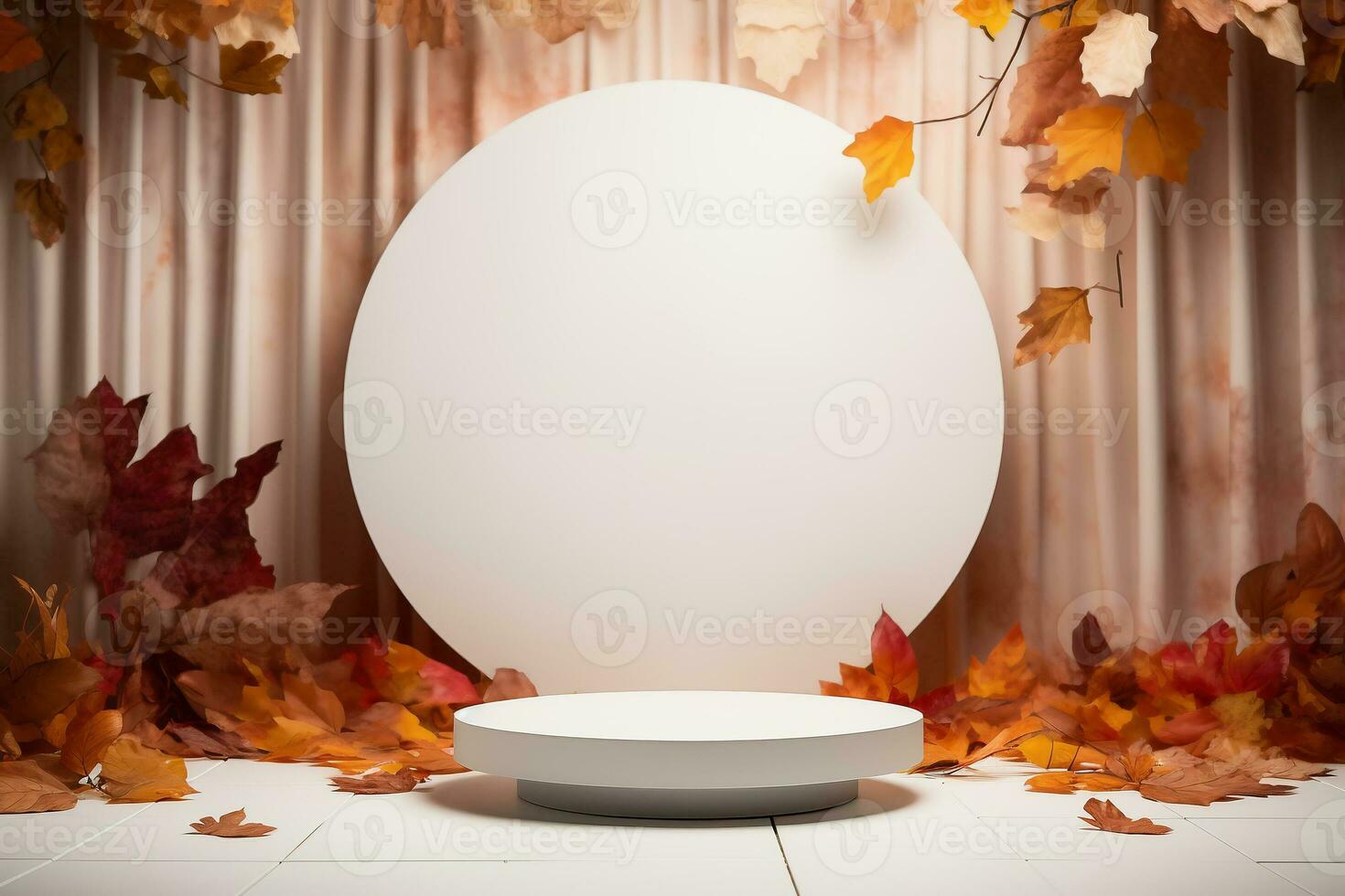 Podium or pedestal for cosmetic products in autumn scene. Autumn cosmetics template. AI Generative photo