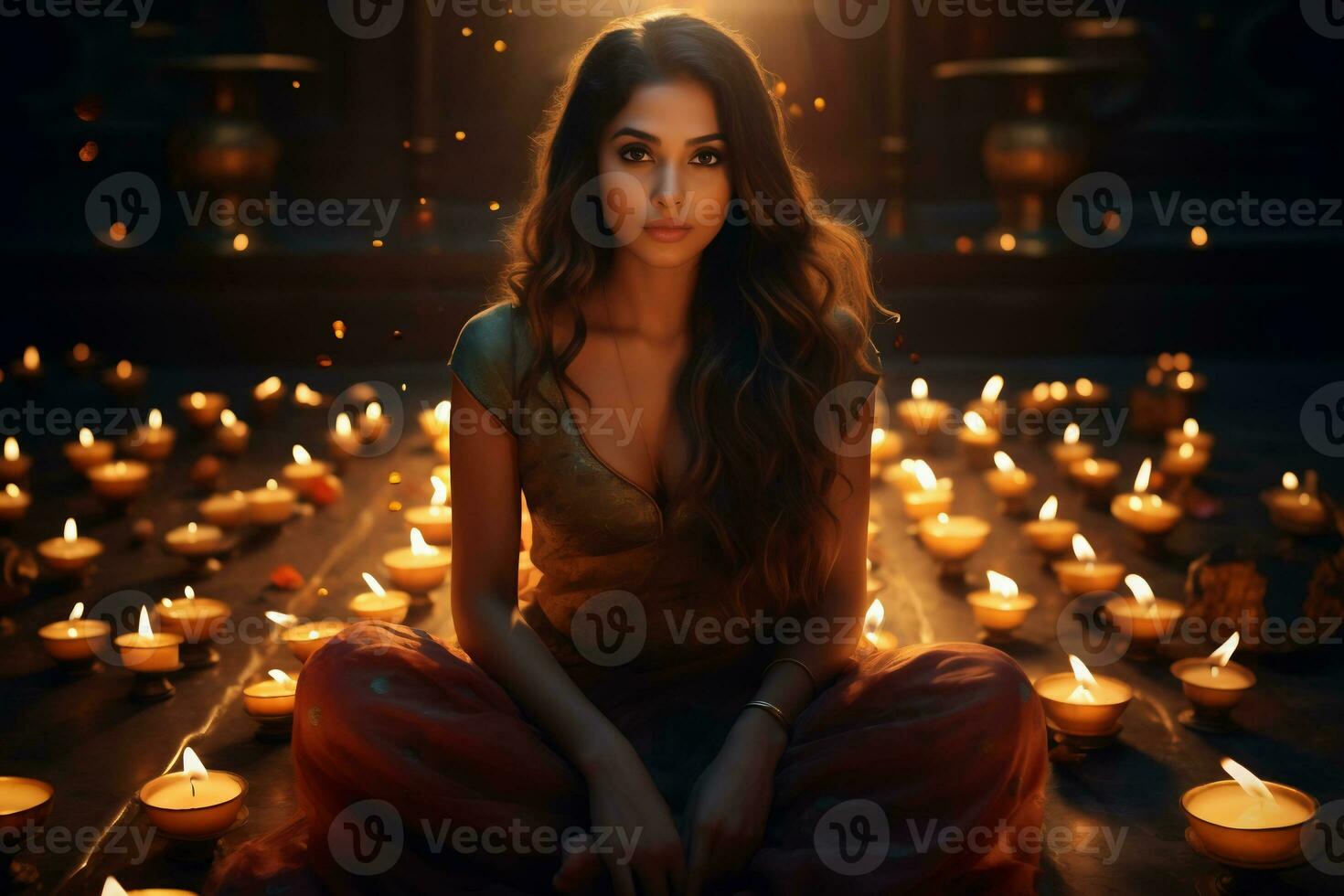 Candles lights and Indian woman among them. Indian Holiday Diwali concept. AI Generative photo