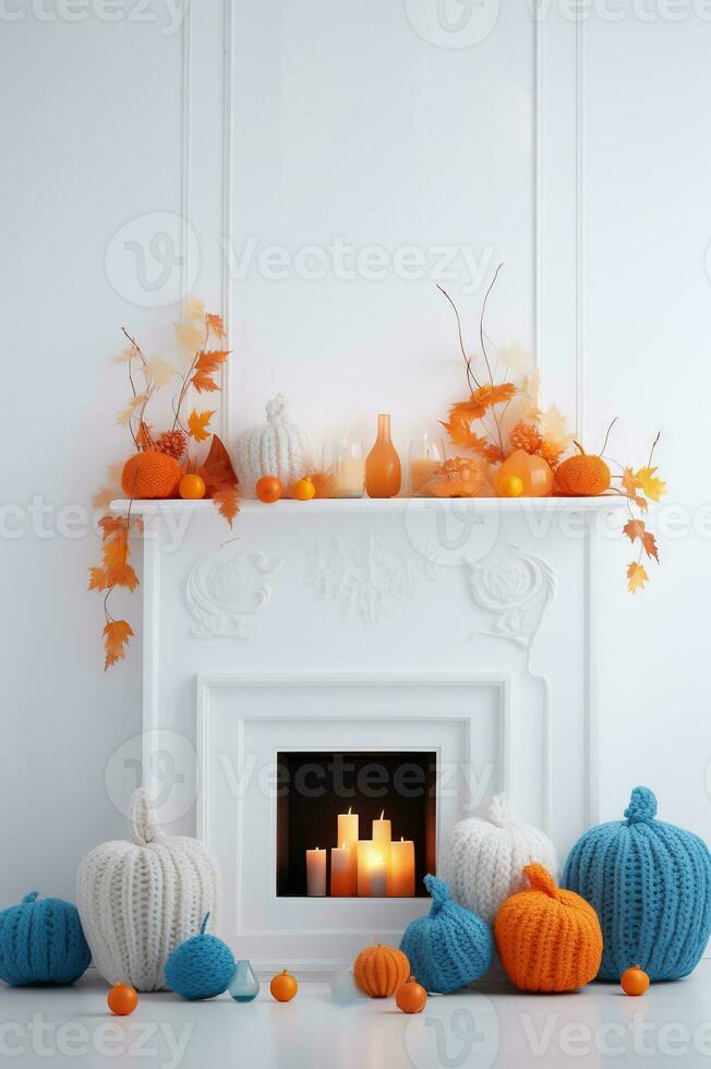 Interior of a white room with a fireplace and decorative knitted pumpkins. Autumn home decor concept. AI Generative. photo