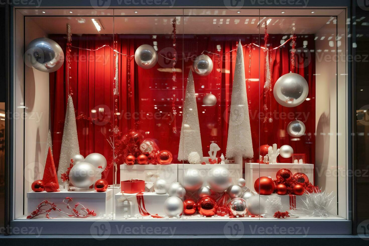 tienda ventana con festivo rojo blanco Navidad decoraciones ai generativo. foto